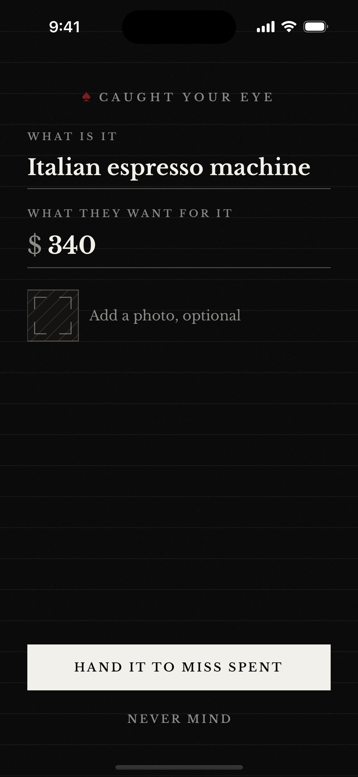 Miss Spent Capture screen with an Italian espresso machine entered at $340 before handing the temptation to Miss Spent