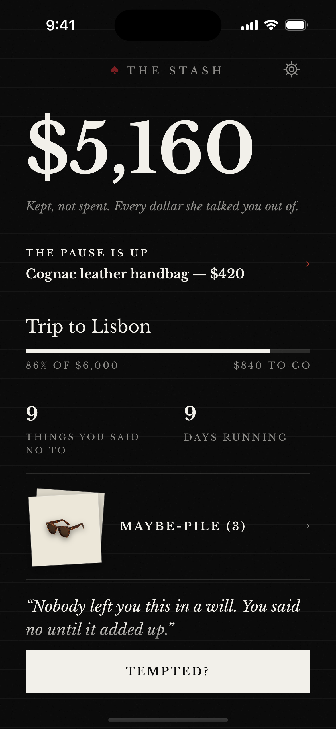 Miss Spent Stash screen showing $5,160 kept, a ready Reckoning, an Anchor goal, and the Maybe-Pile